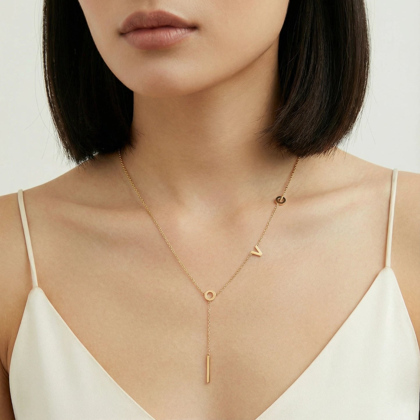 18K Gold LOVE Lariat Necklace – Letter Charm Lariat Gold Chain