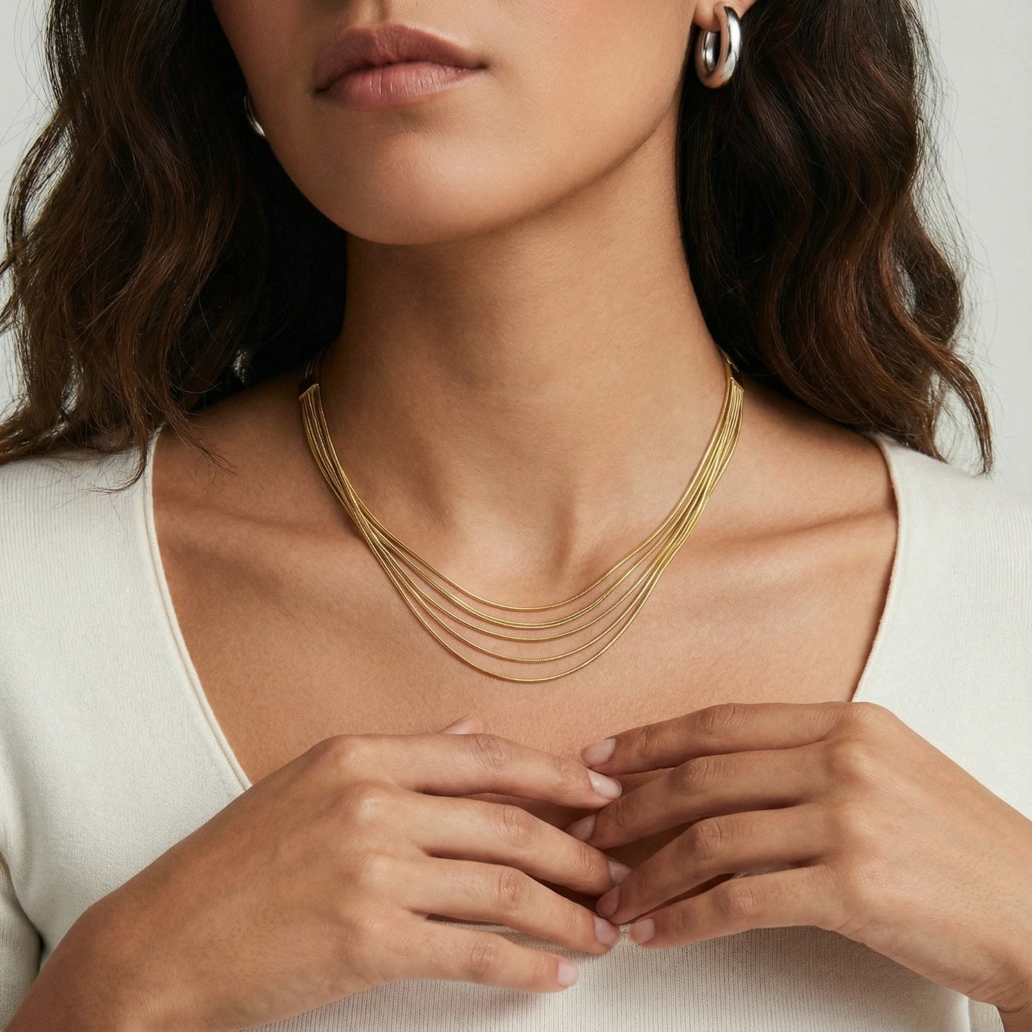 14K Gold Multi-Strand Snake Chain Necklace – Layered Choker Set