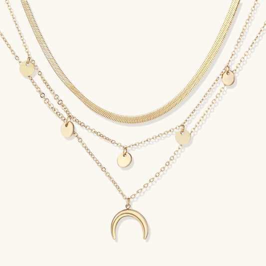 14K Gold Layered Necklace Set – Herringbone Choker and Crescent Pendant