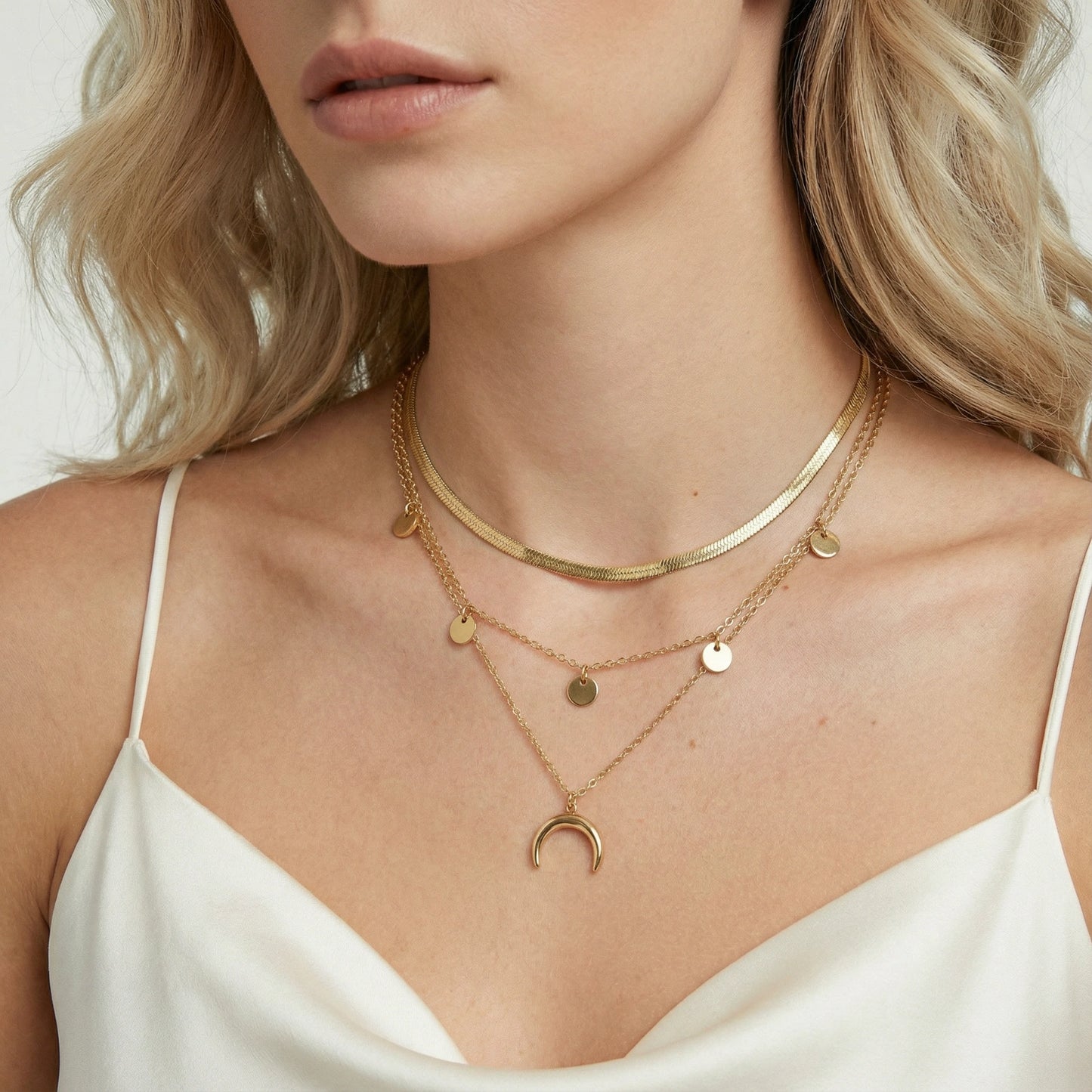 14K Gold Layered Necklace Set – Herringbone Choker and Crescent Pendant