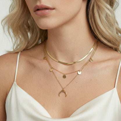 14K Gold Layered Necklace Set – Herringbone Choker and Crescent Pendant