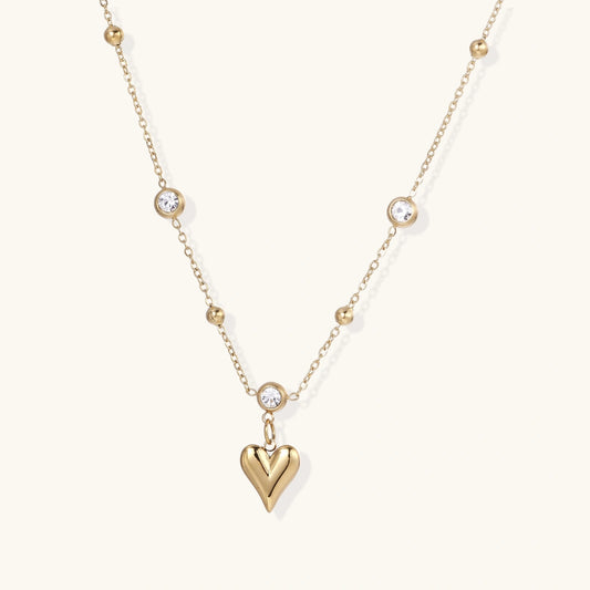 14K Gold Crystal Heart Necklace – Puffed Heart Pendant Necklace