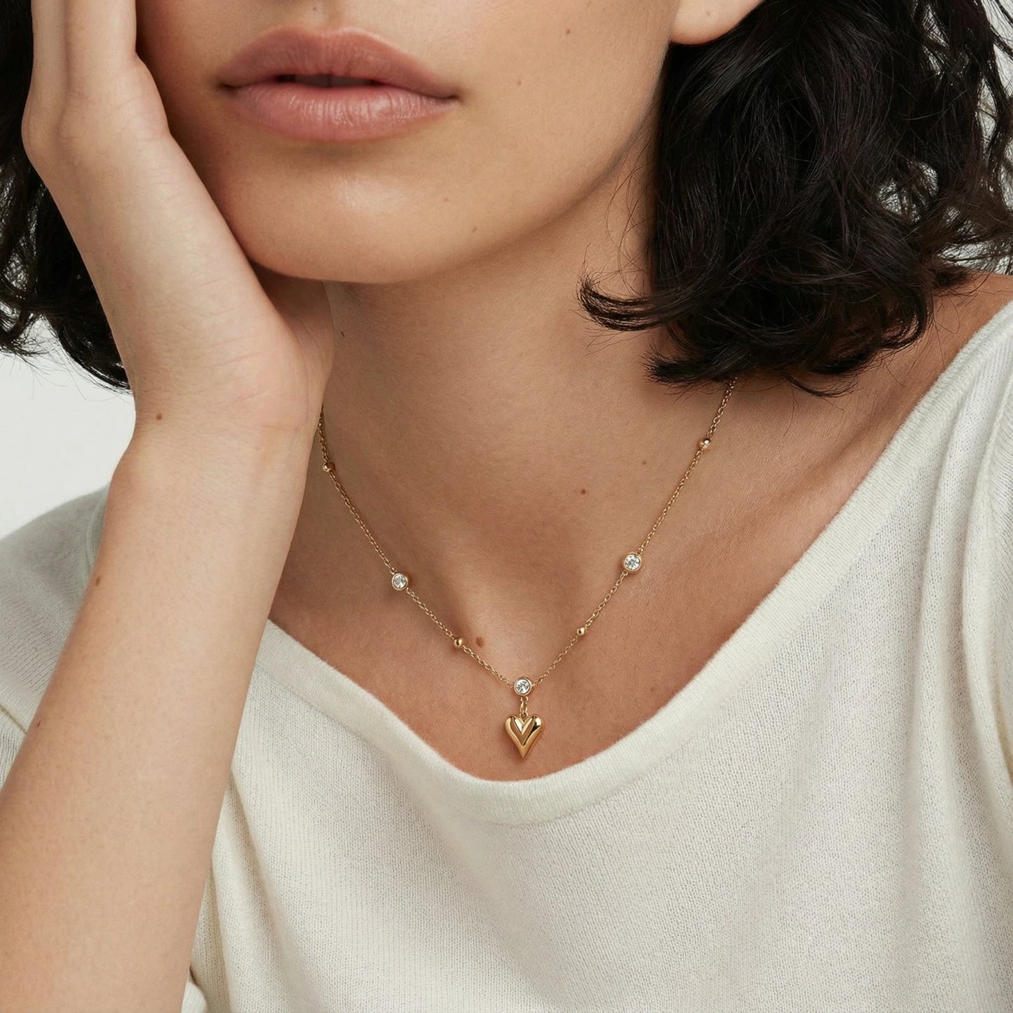 14K Gold Crystal Heart Necklace – Puffed Heart Pendant Necklace