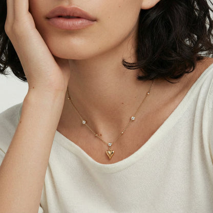14K Gold Crystal Heart Necklace – Puffed Heart Pendant Necklace