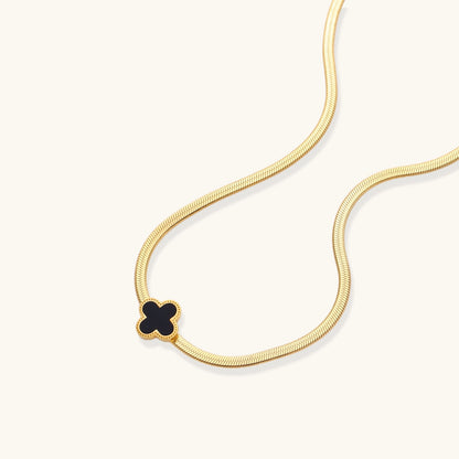 18K Gold Four Leaf Clover Necklace – Black Enamel Herringbone Chain