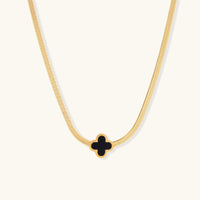 18K Gold Four Leaf Clover Necklace – Black Enamel Herringbone Chain