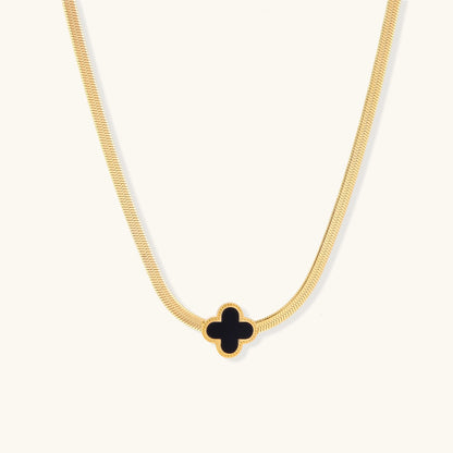 18K Gold Four Leaf Clover Necklace – Black Enamel Herringbone Chain