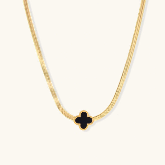 18K Gold Four Leaf Clover Necklace – Black Enamel Herringbone Chain