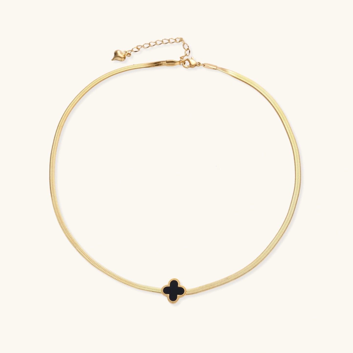 18K Gold Four Leaf Clover Necklace – Black Enamel Herringbone Chain