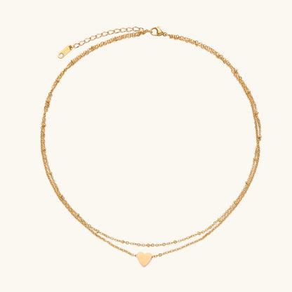 18K Gold Double Chain Heart Necklace – Minimalist Layered Necklace