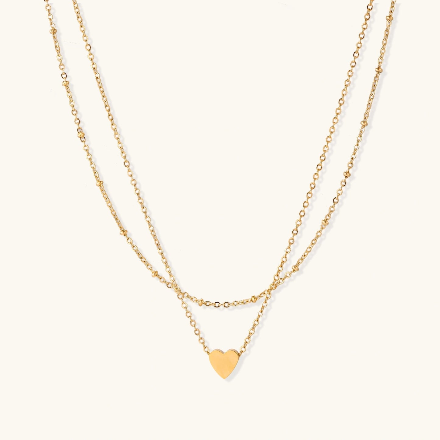 18K Gold Double Chain Heart Necklace – Minimalist Layered Necklace