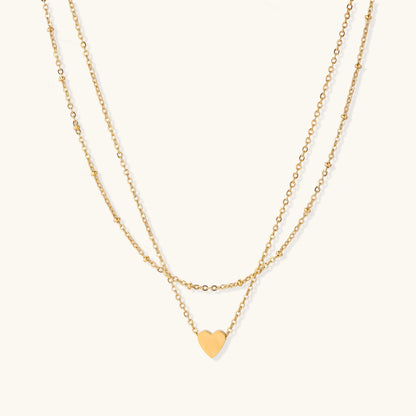 18K Gold Double Chain Heart Necklace – Minimalist Layered Necklace