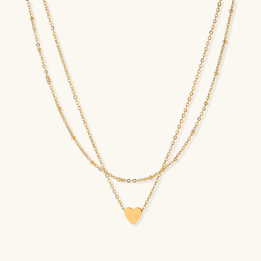 18K Gold Double Chain Heart Necklace – Minimalist Layered Necklace