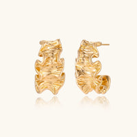 18K Gold Ripple Hoop Earrings – Sculptural Wave Half Hoops