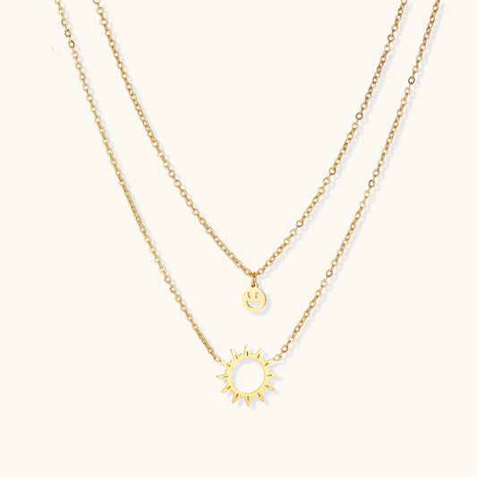 18K Gold Smiley Face Layered Necklace – Sunburst Charm Necklace