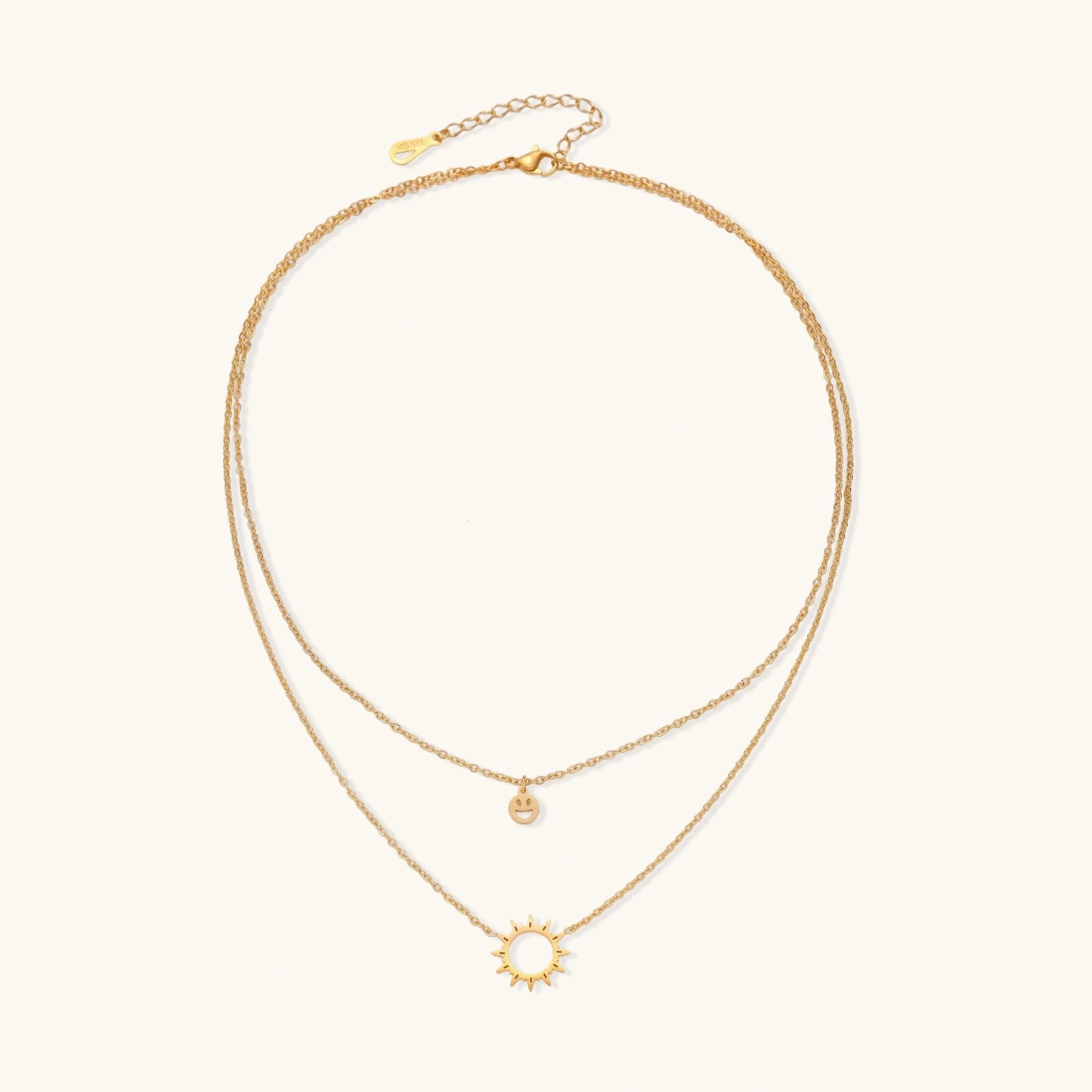 18K Gold Smiley Face Layered Necklace – Sunburst Charm Necklace