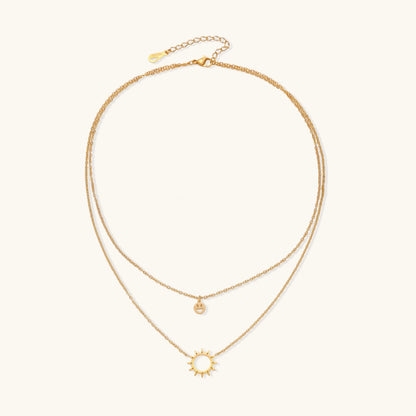 18K Gold Smiley Face Layered Necklace – Sunburst Charm Necklace