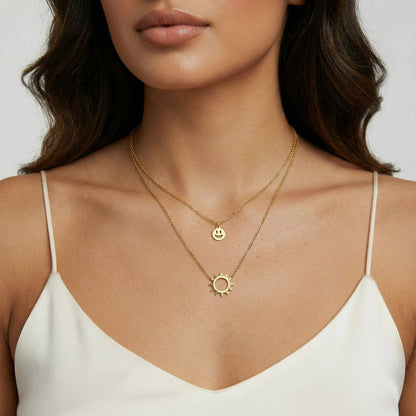 18K Gold Smiley Face Layered Necklace – Sunburst Charm Necklace