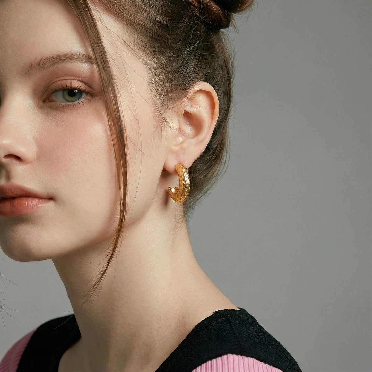 14K Gold Hammered Hoop Earrings – Textured Half Hoops