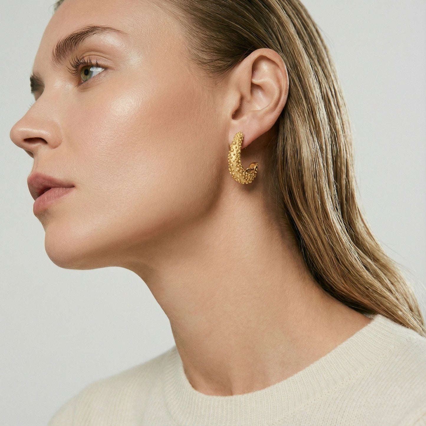 14K Gold Beaded Drop Hoop Earrings – Long J-Hoop Earrings