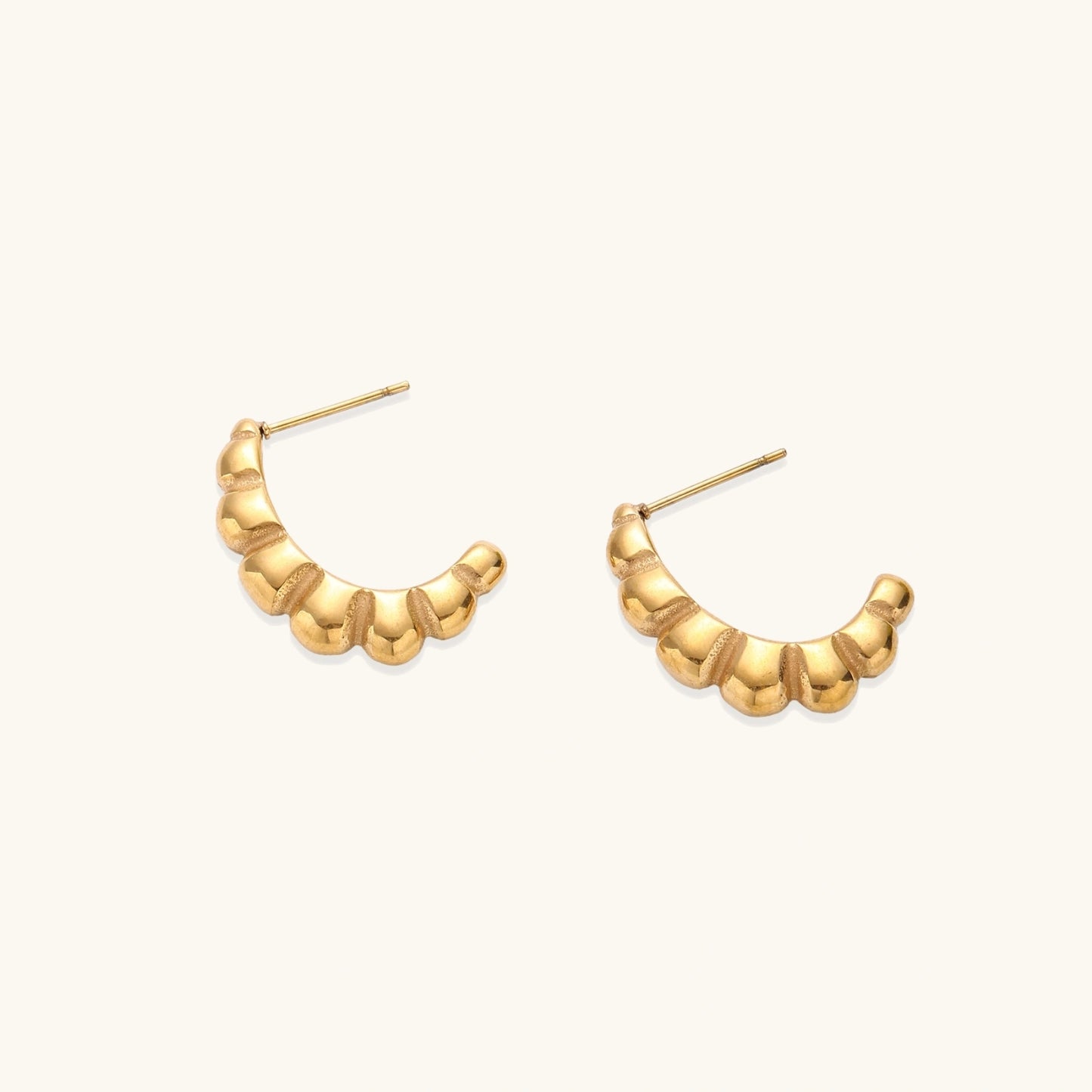 14K Gold Croissant Hoop Earrings – Ribbed Half Hoops