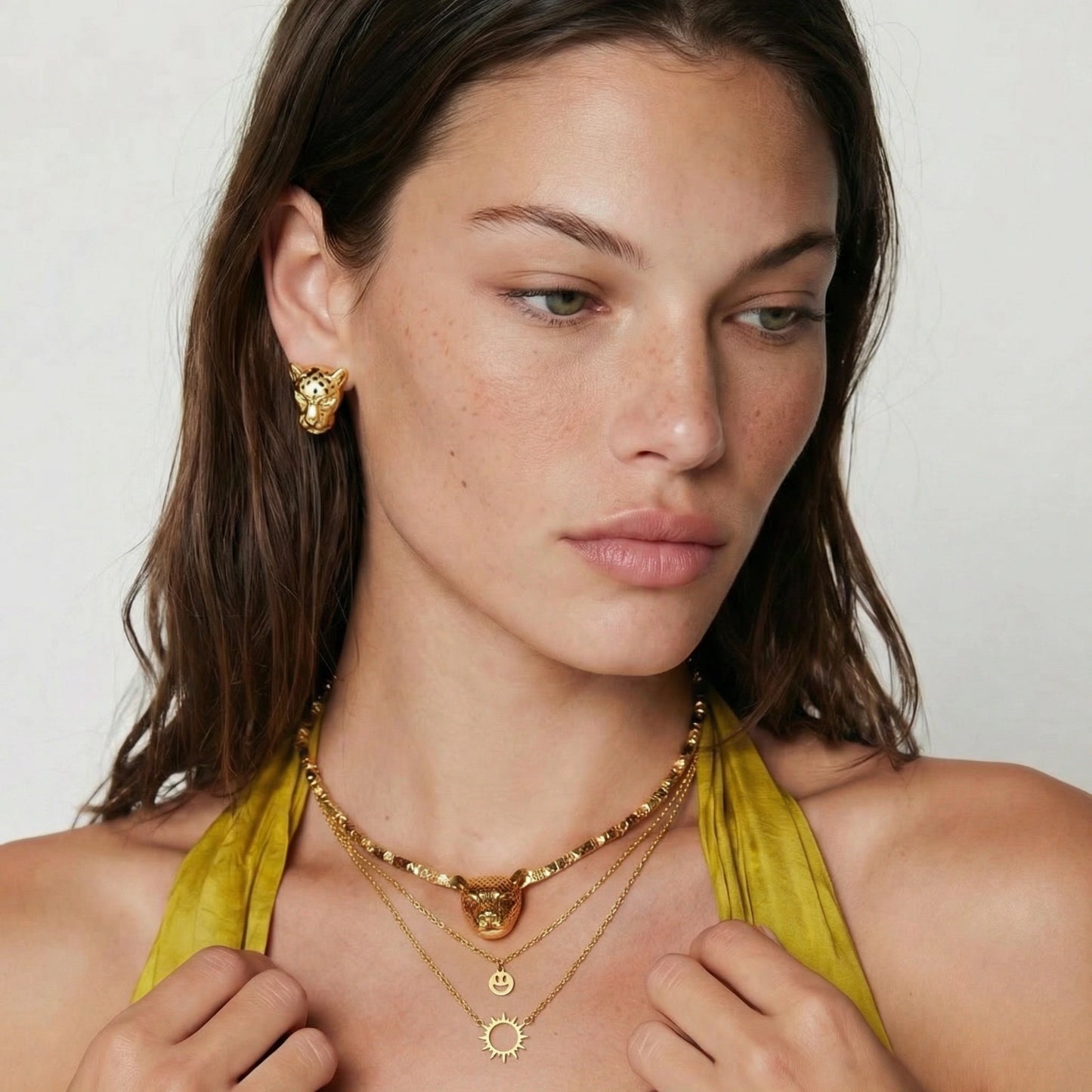 18K Gold Smiley Face Layered Necklace – Sunburst Charm Necklace