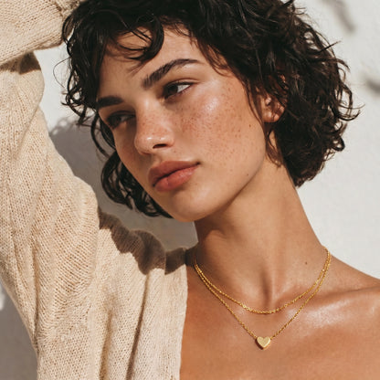 18K Gold Double Chain Heart Necklace – Minimalist Layered Necklace